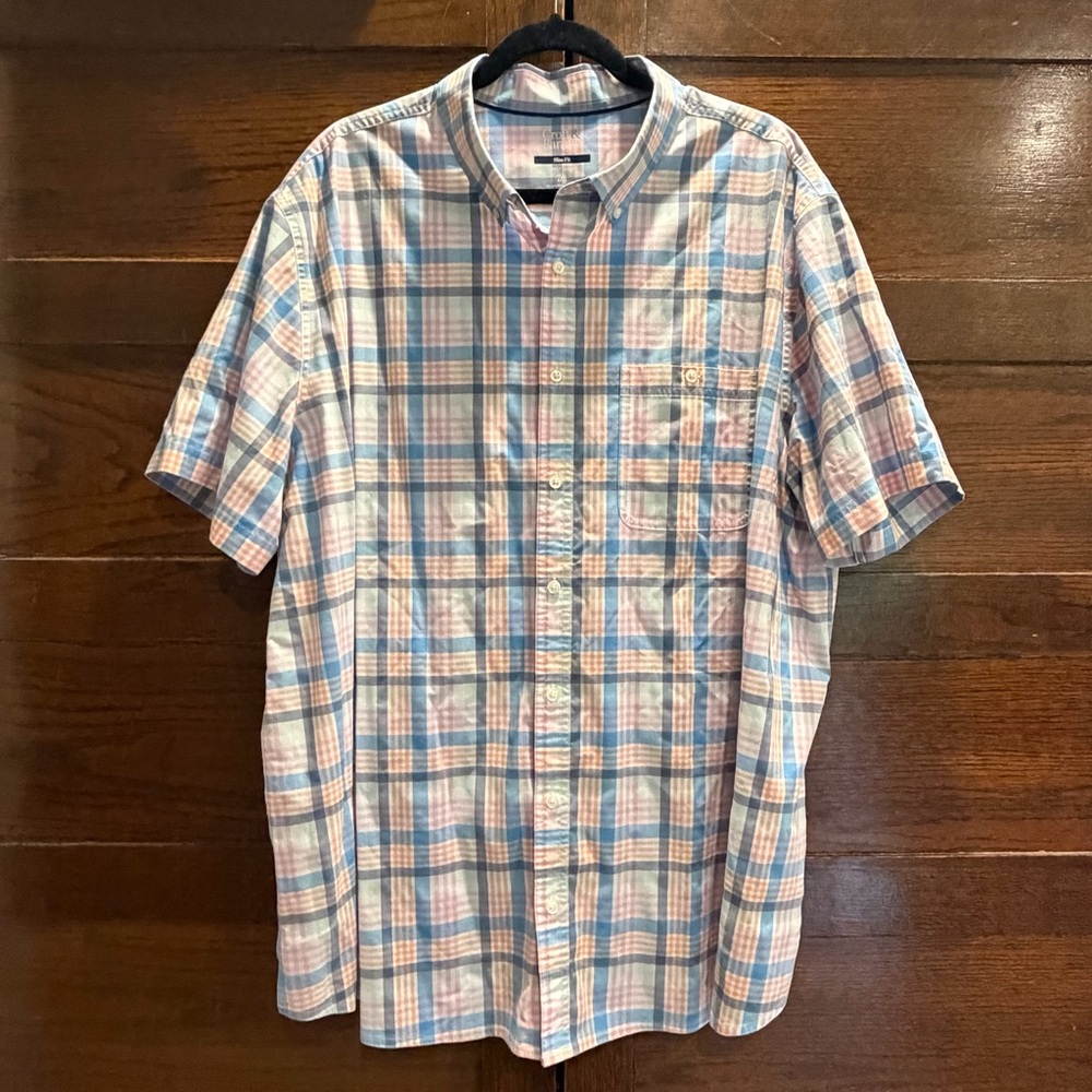 Croft & Barrow 2X slim fit Plaid Button-Down Shirt Blue Pink lightweight stretch
